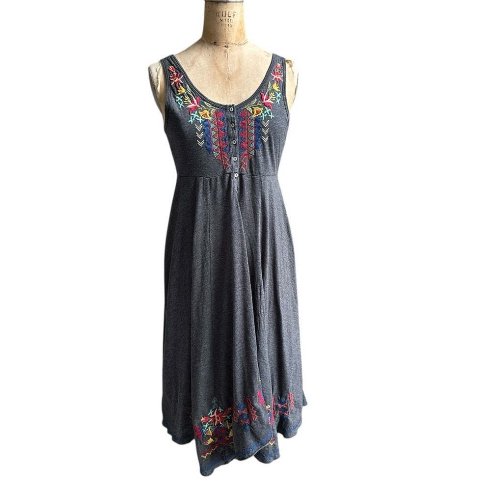 Johnny Was JW Los Angeles Embroidered Heathered Gray Midi Dress Size Small Boho